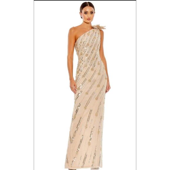 NWTMac Duggal 93739 Rosette Sequin Crystal One-Shoulder Gown Sz 10 - Picture 1 of 10